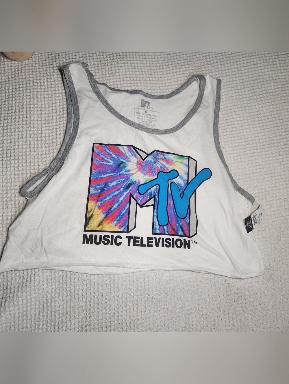 MTV White Crop Tank with Gray Trim and Multicolor Logo Size M Like New
